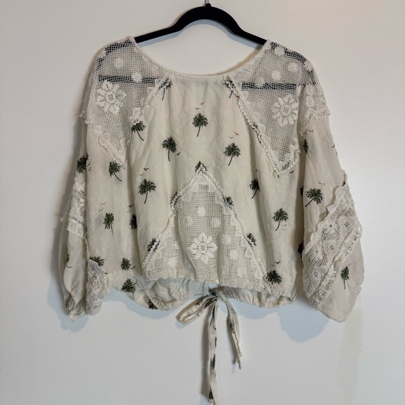 Free People Carolina Mindset Top White backless tie SZ M palm print linen blend - Picture 6 of 9